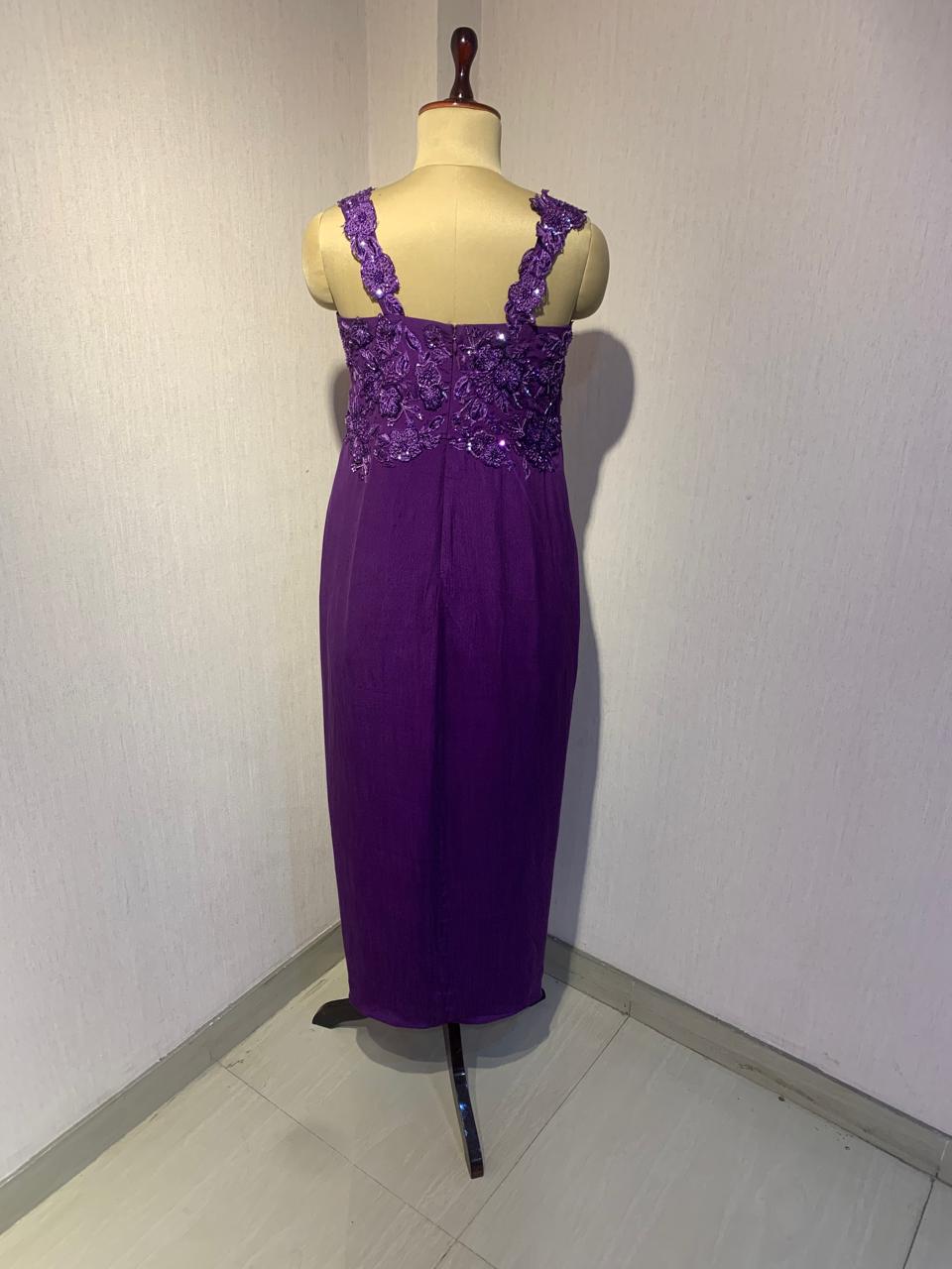 ELEGANT PURPLE EMBROIDERED DRAPED GOWN.