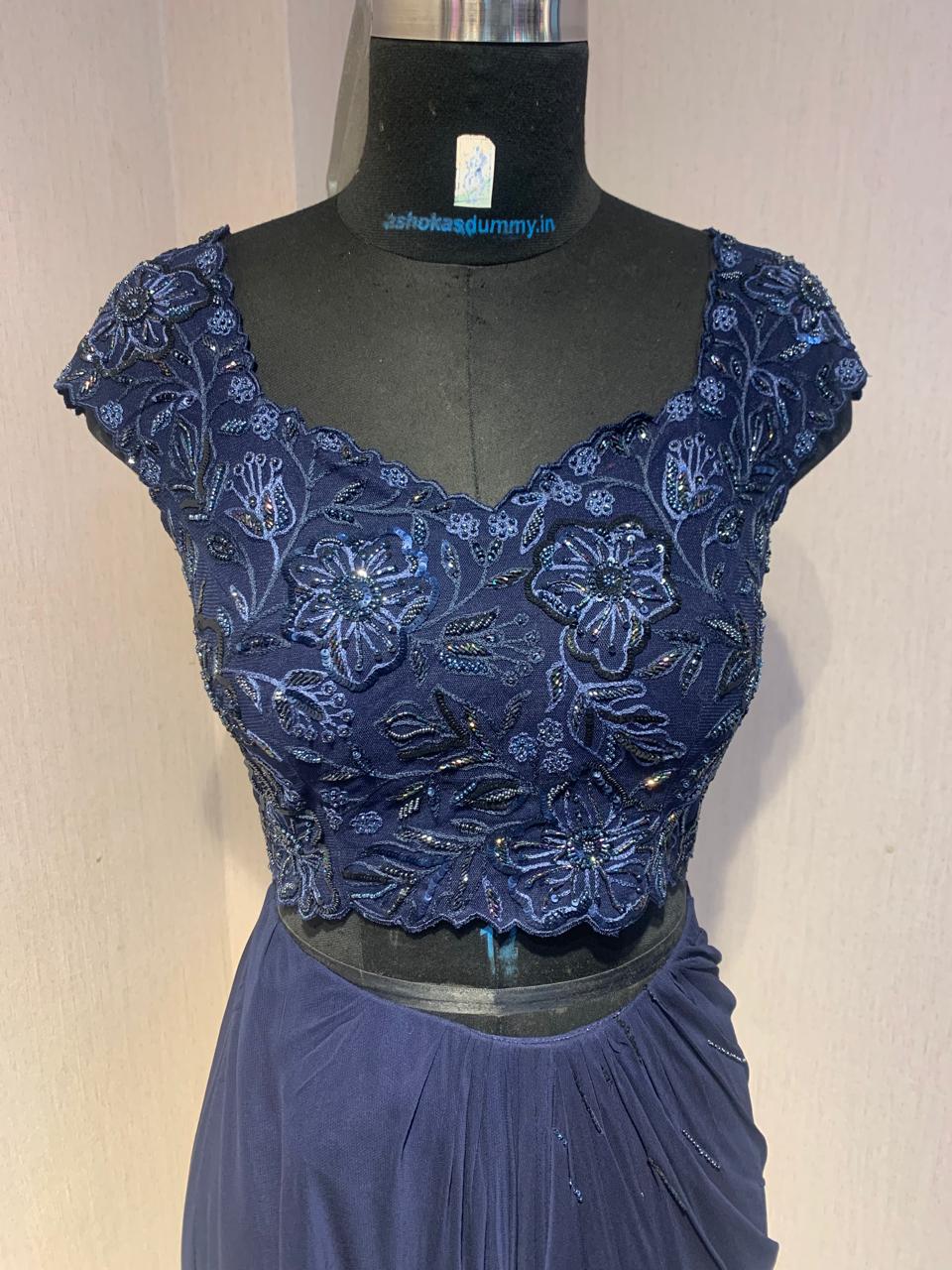 NAVY BLUE DRAPE SAREE WITH EMBROIDERED BLOUSE.