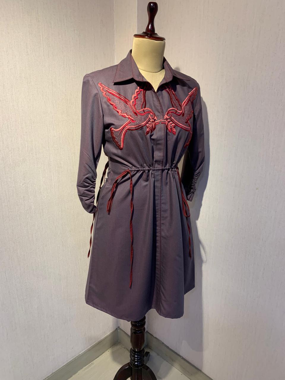 GREY PURPLE SHORT  DRESS WITH BIRDS.