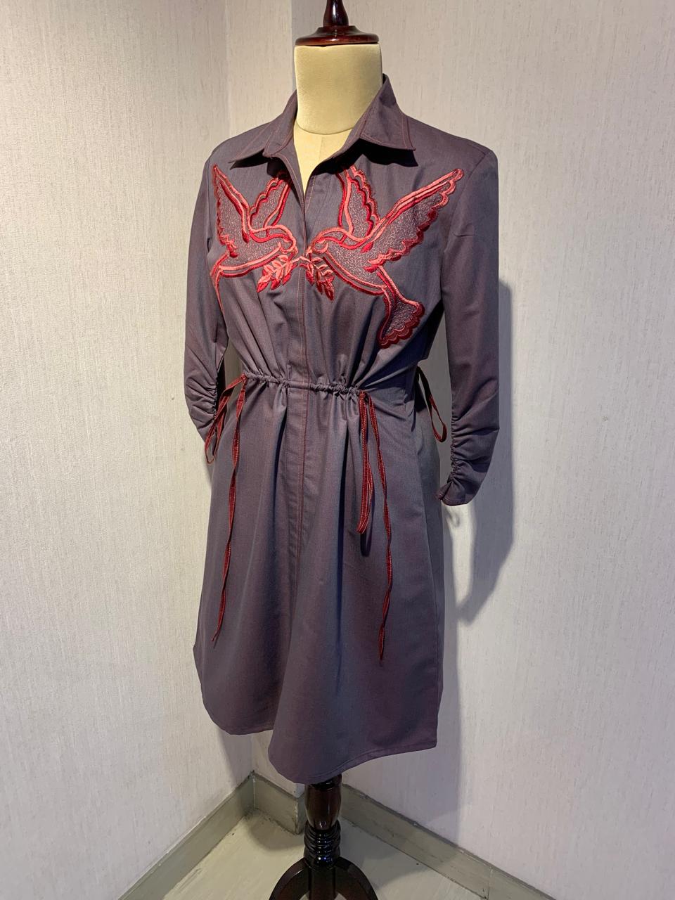 GREY PURPLE SHORT  DRESS WITH BIRDS.