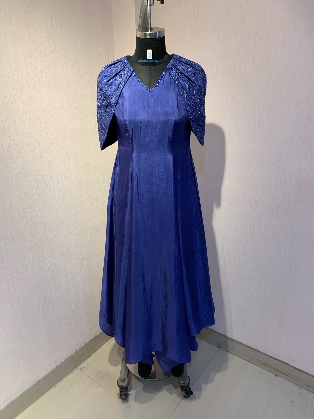 BLUE EMBROIDERED CAPE  SLEEVE  GOWN