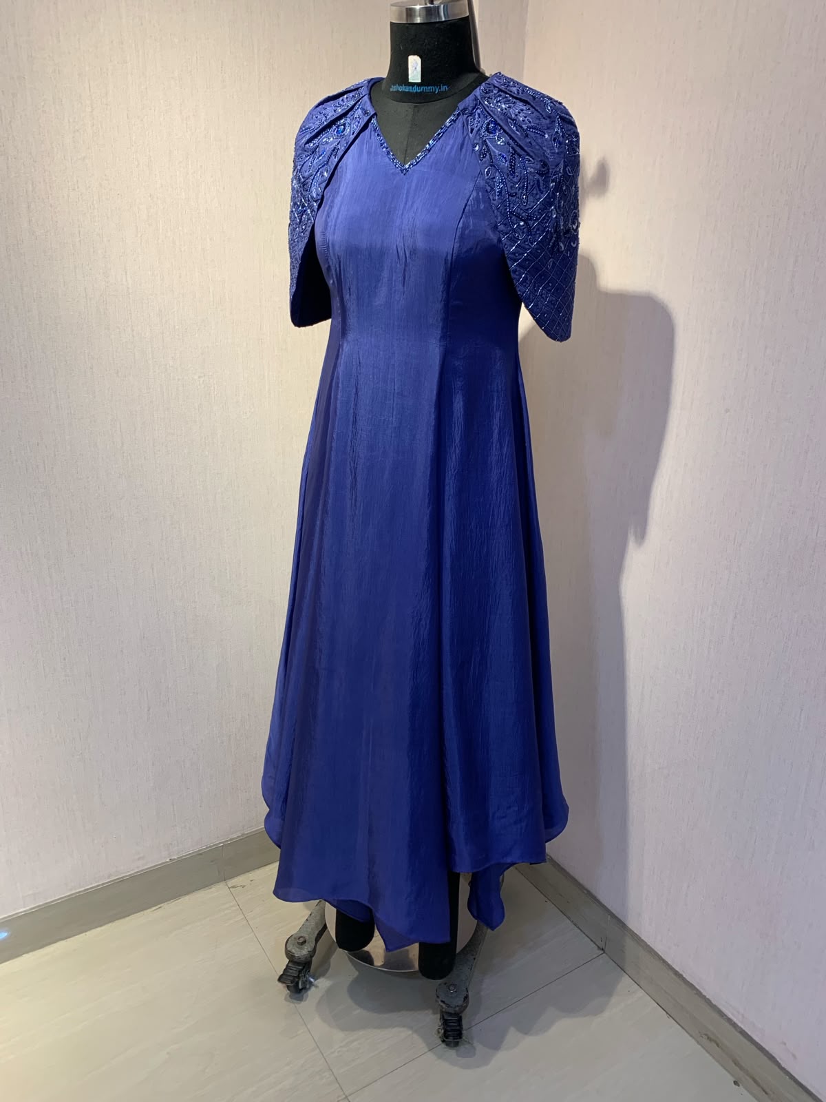 BLUE EMBROIDERED CAPE  SLEEVE  GOWN