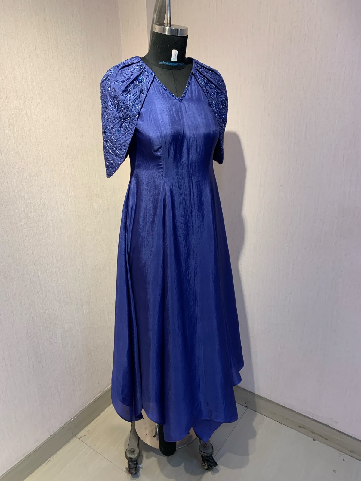 BLUE EMBROIDERED CAPE  SLEEVE  GOWN