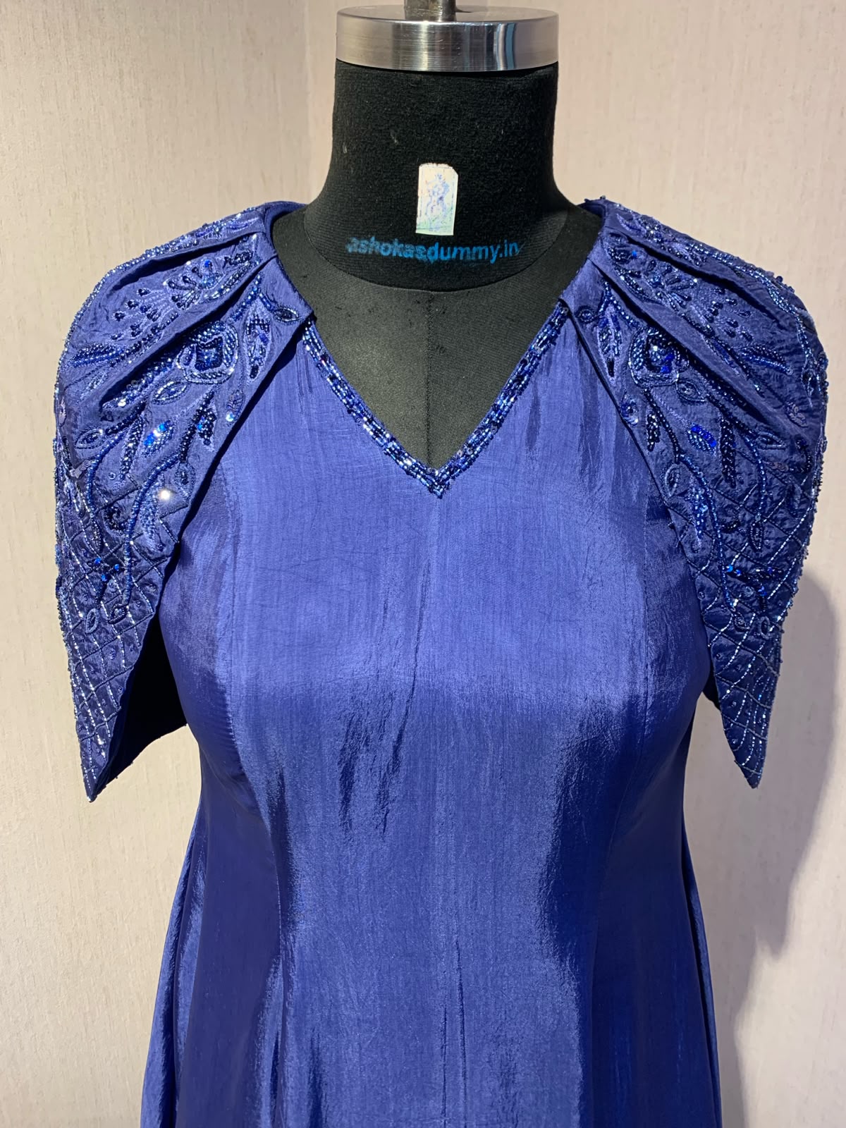 BLUE EMBROIDERED CAPE  SLEEVE  GOWN