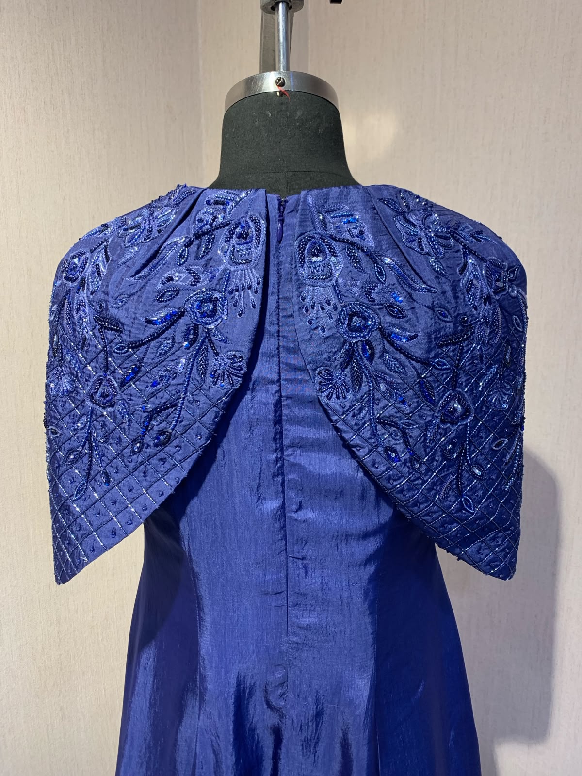 BLUE EMBROIDERED CAPE  SLEEVE  GOWN