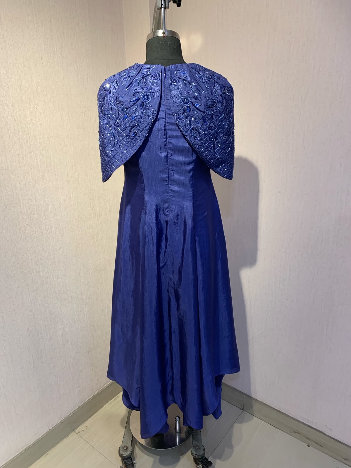 BLUE EMBROIDERED CAPE  SLEEVE  GOWN