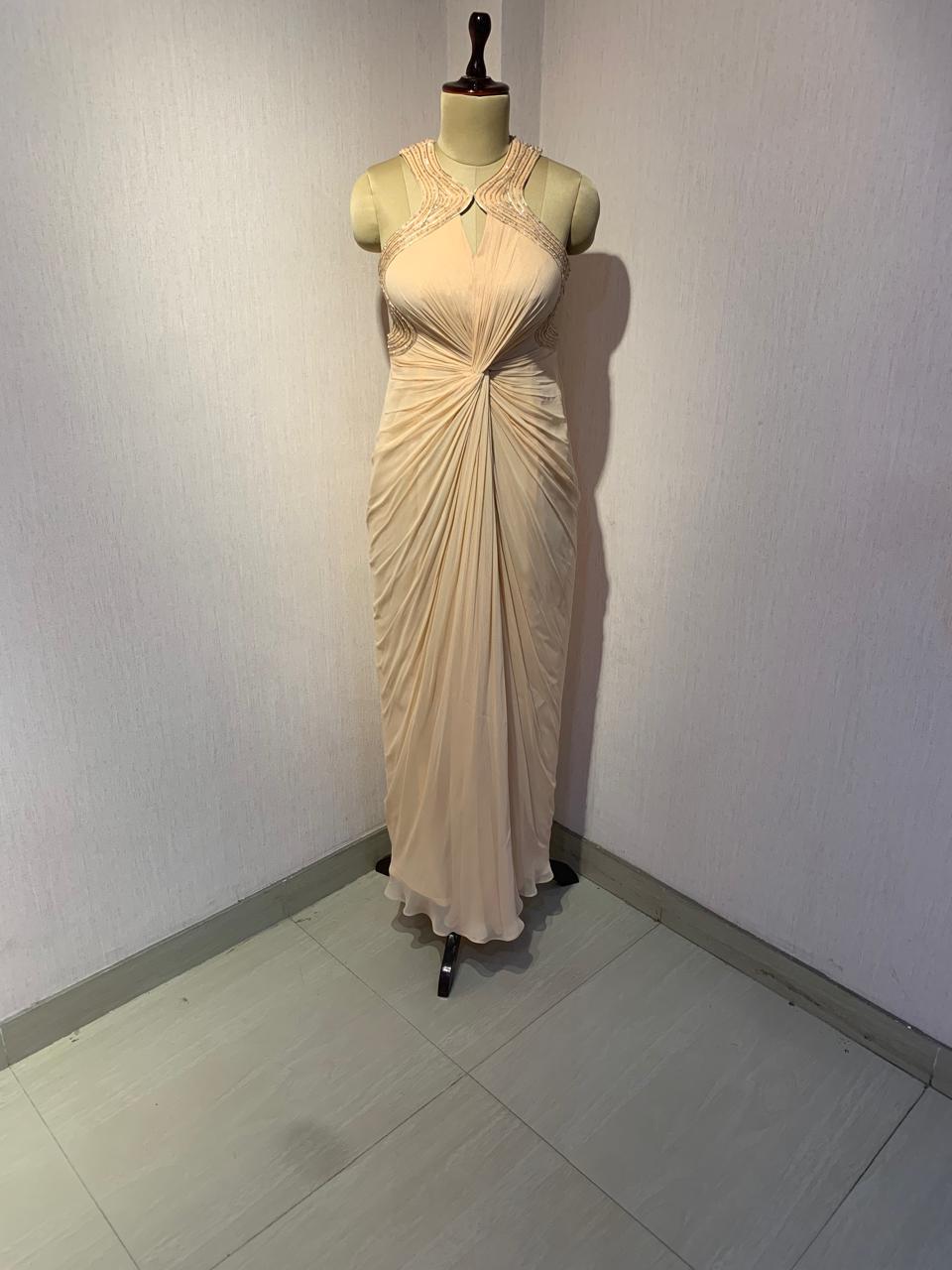 PEACH EMBELLISHED DRAPED GOWN