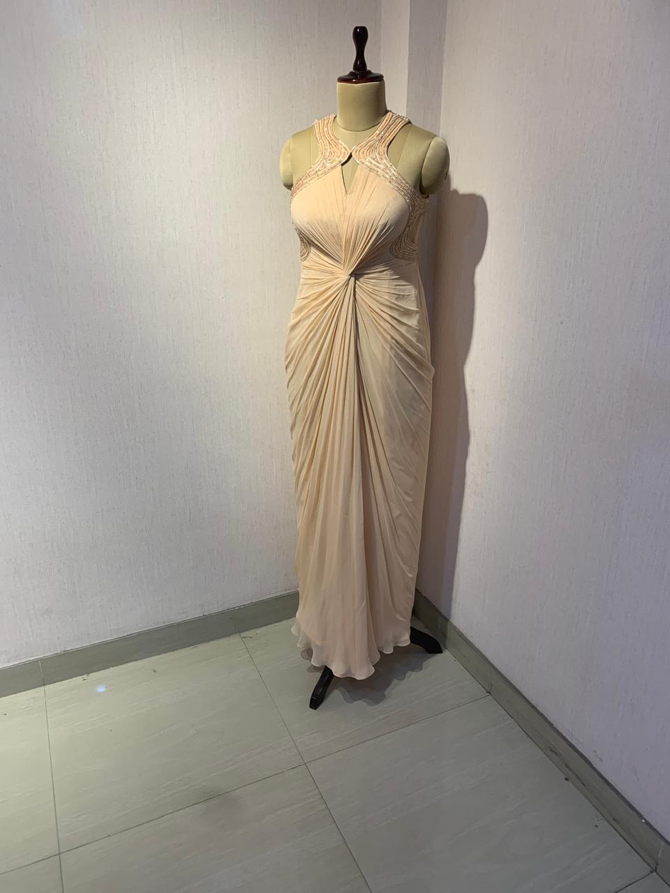 PEACH EMBELLISHED DRAPED GOWN