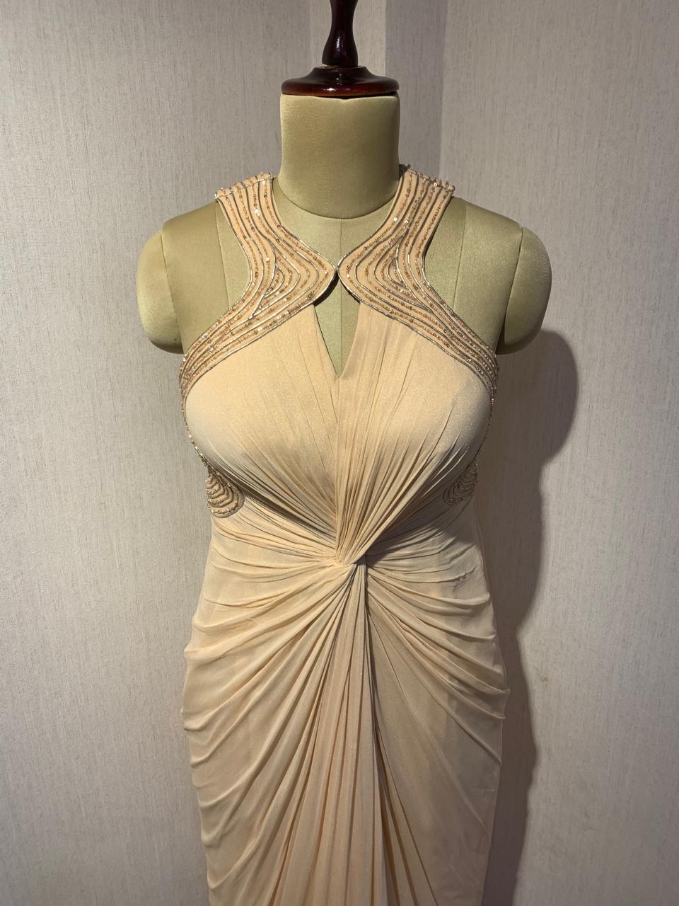 PEACH EMBELLISHED DRAPED GOWN