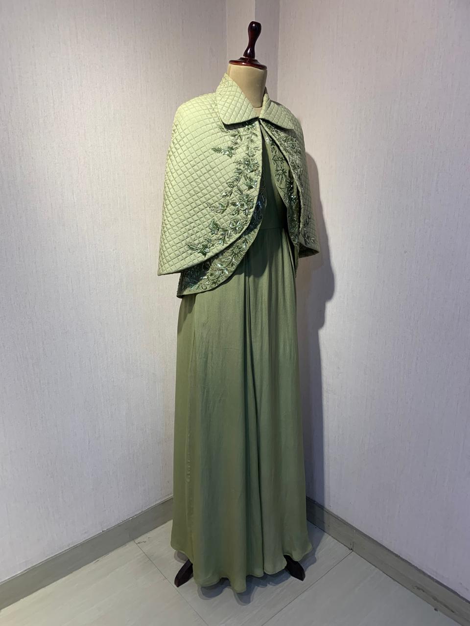GREEN QUILTED EMBROIDERED JACKET WITH GOWN