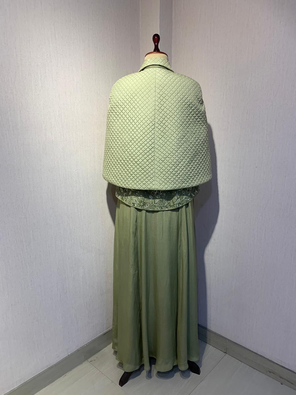GREEN QUILTED EMBROIDERED JACKET WITH GOWN