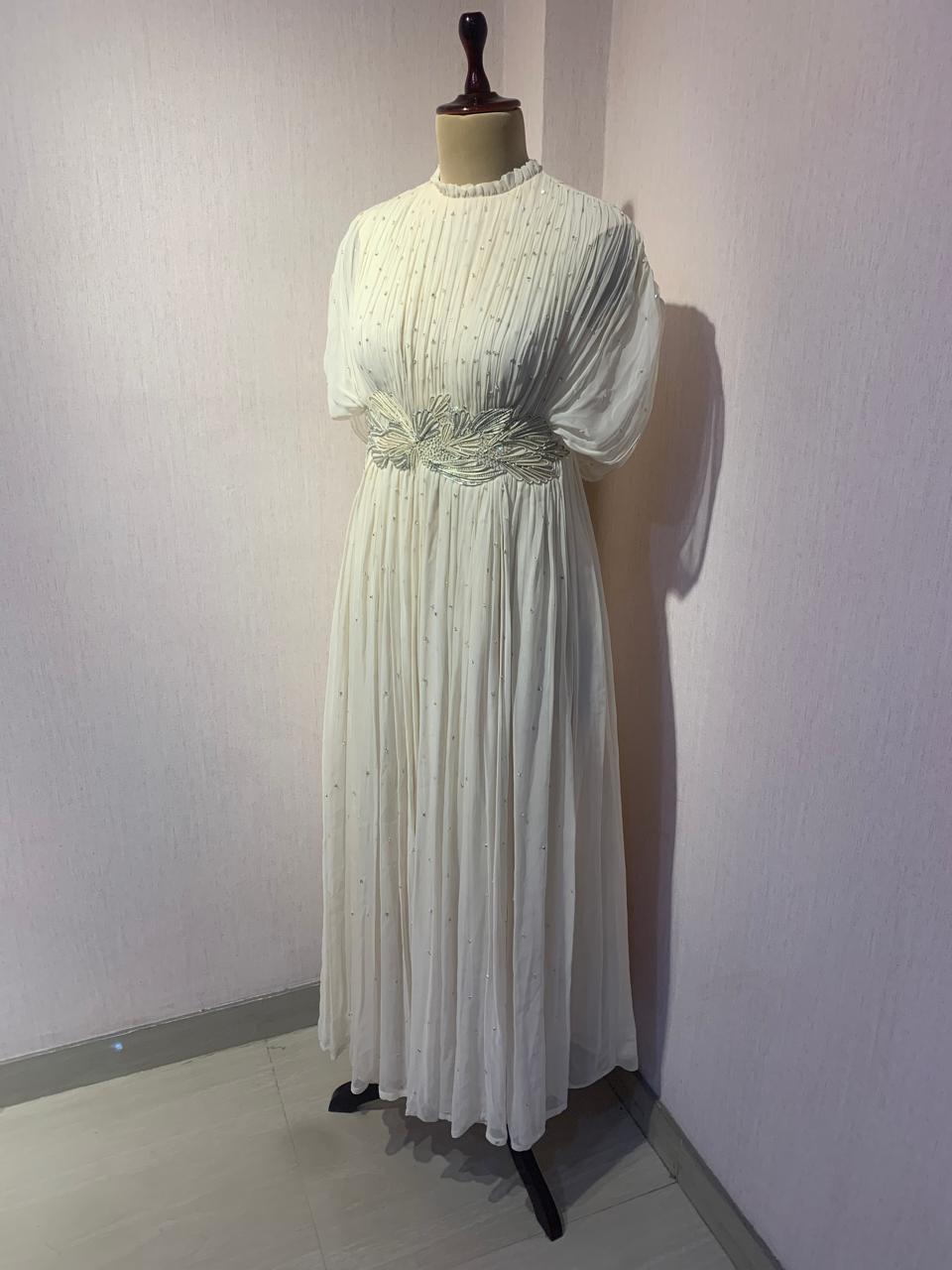 OFF WHITE WIRE EMBELLISHED PLEATED GOWN.