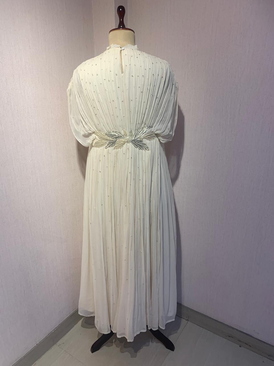 OFF WHITE WIRE EMBELLISHED PLEATED GOWN.
