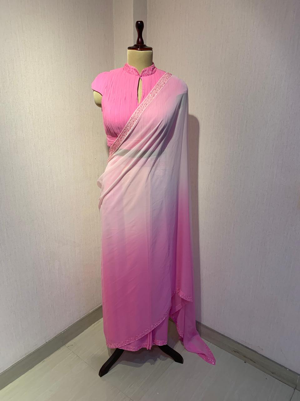 OMBRE GEORGETTE DRAPED SAREE WITH PLEATED HIGH NECK BLOUSE.