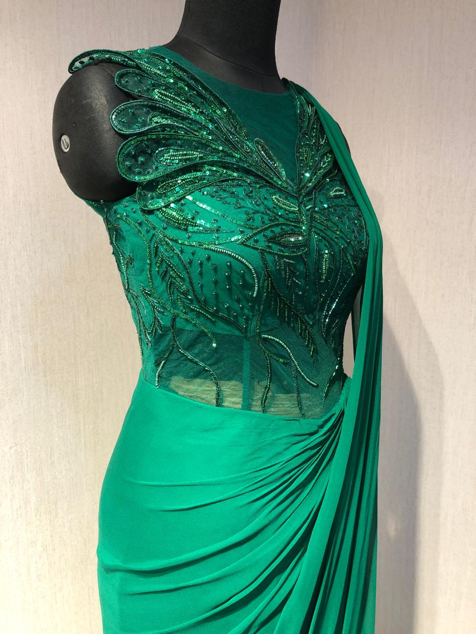 GREEN CORSET STYLE 3D WORK DRAPE SAREE
