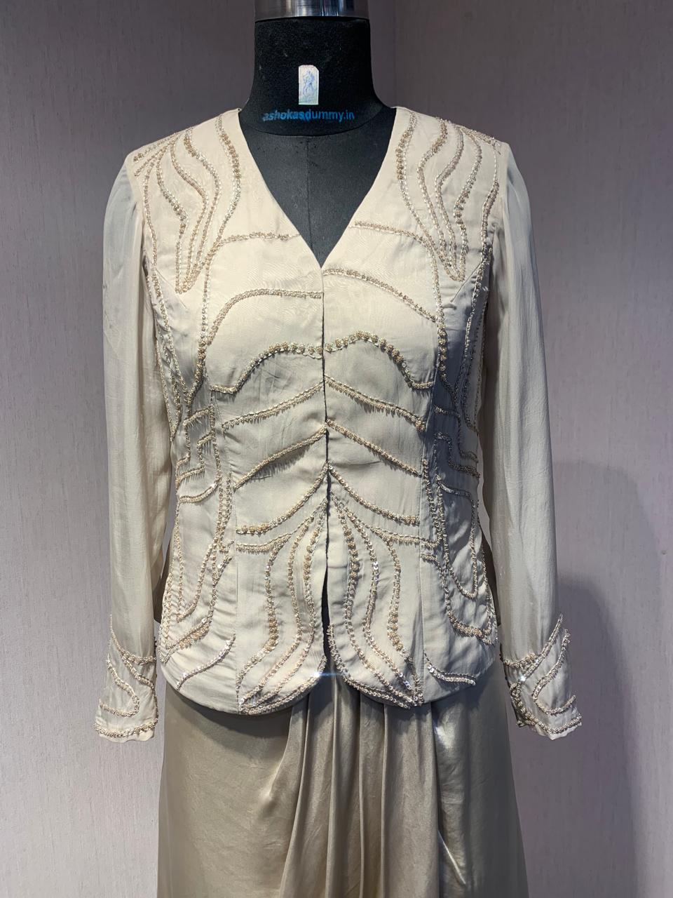 BEIGE EMBROIDERED TOP AND  DRAPED SKIRT