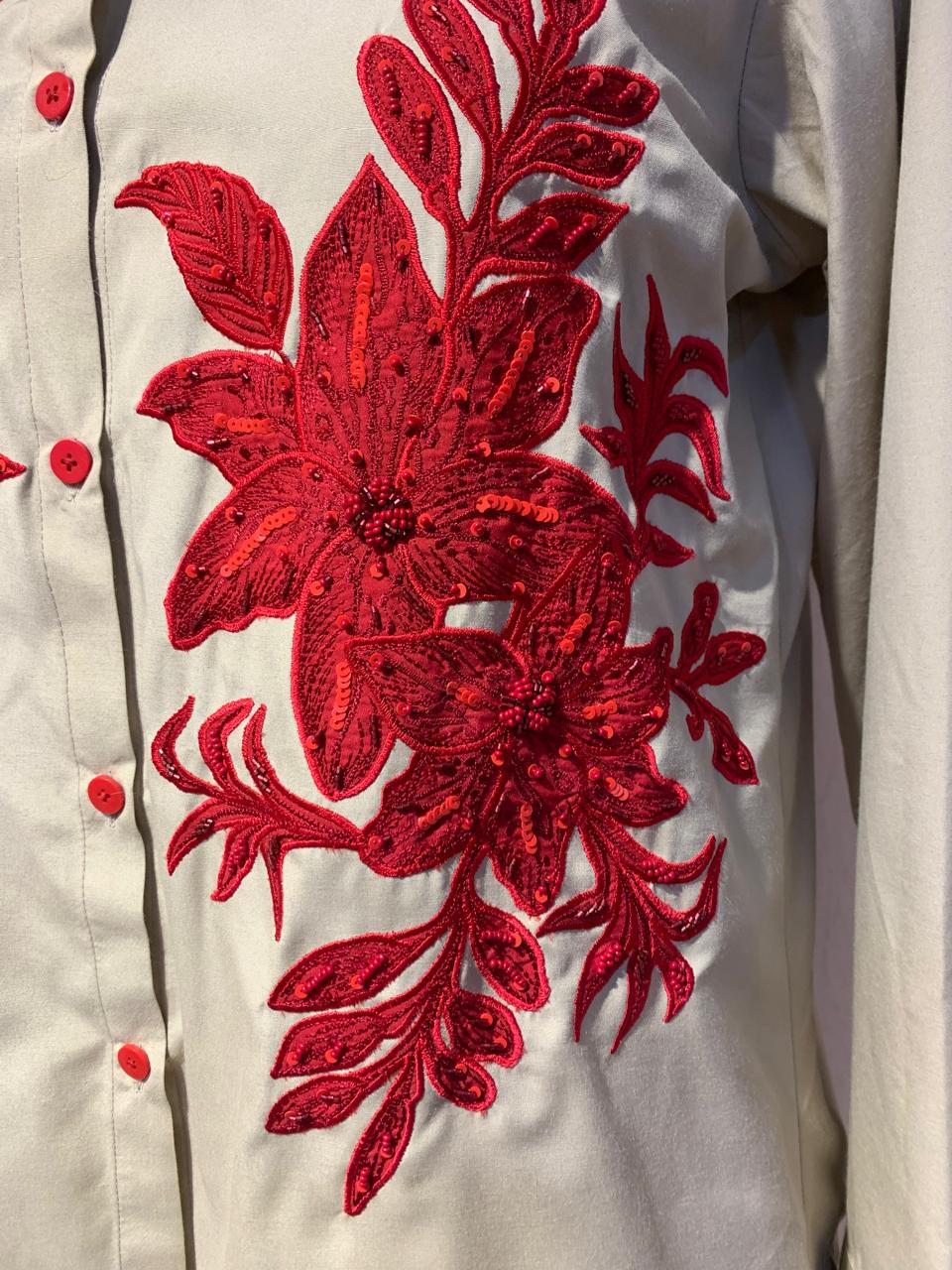 Elegant Beige Co-ord Set with Red Floral Embroidery