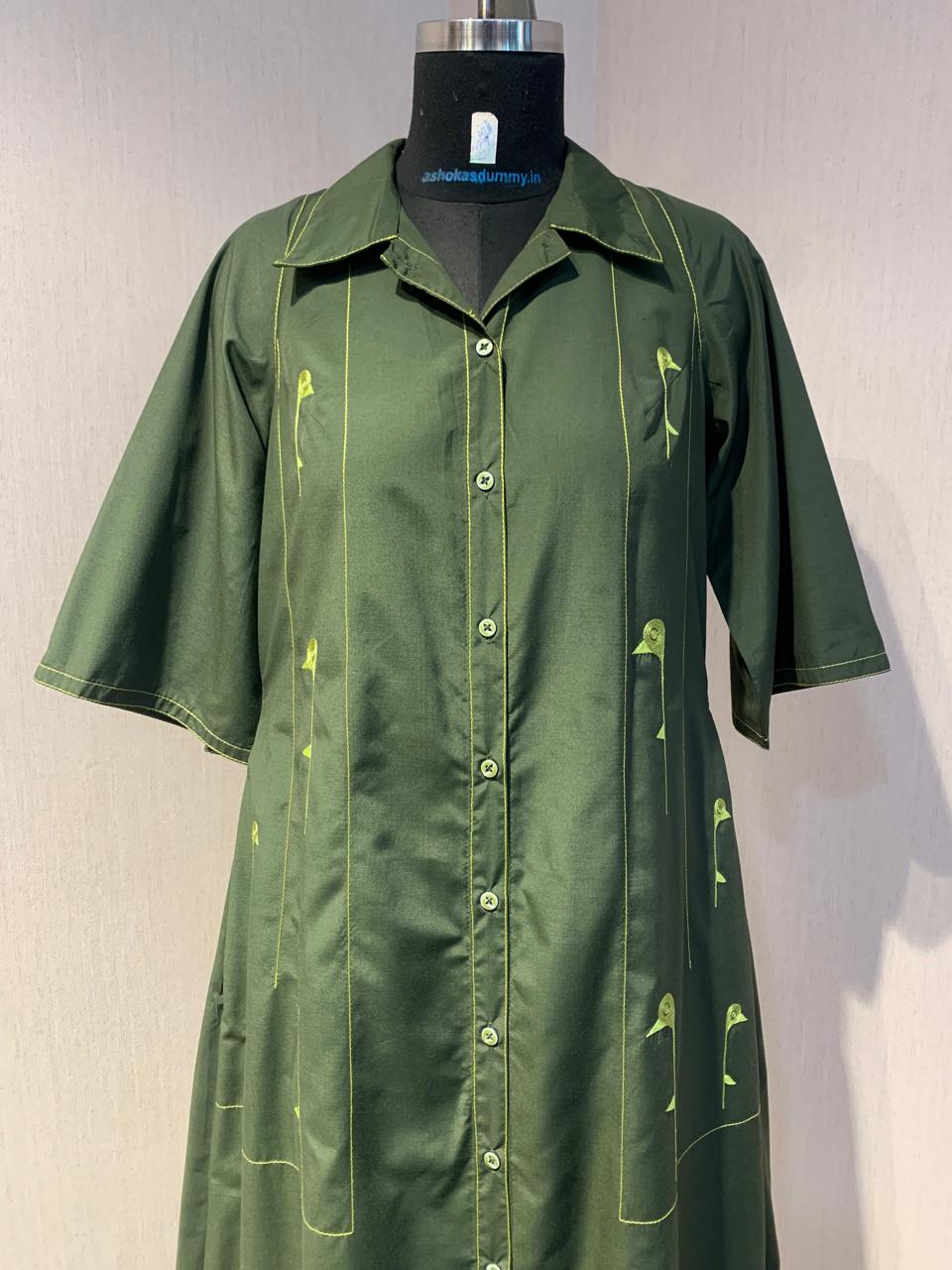 Olive Botanical Button-Down Dress