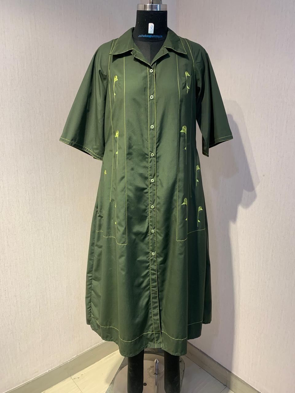Olive Botanical Button-Down Dress