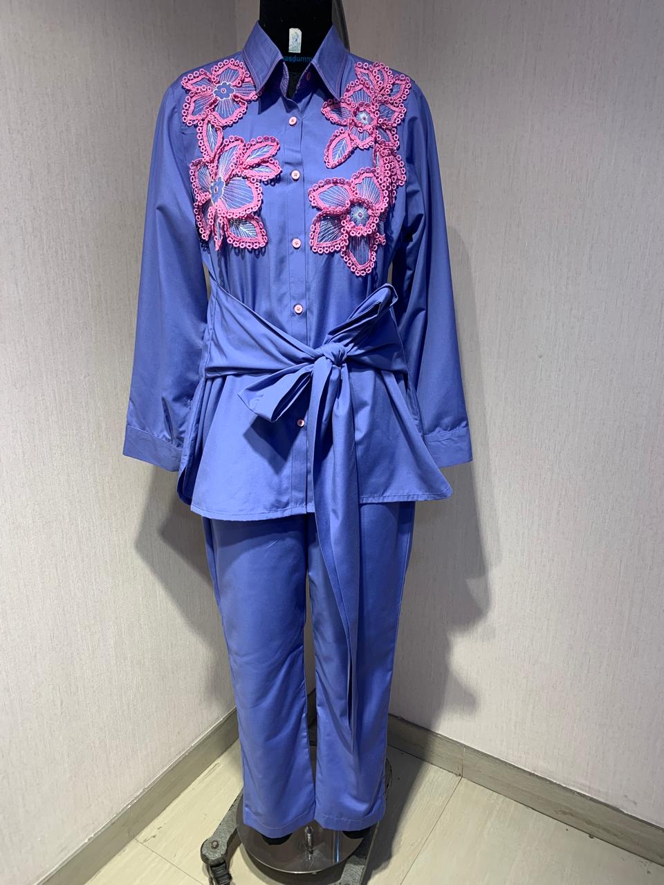 Blue Co-ord Set with Pink Floral Appliqué