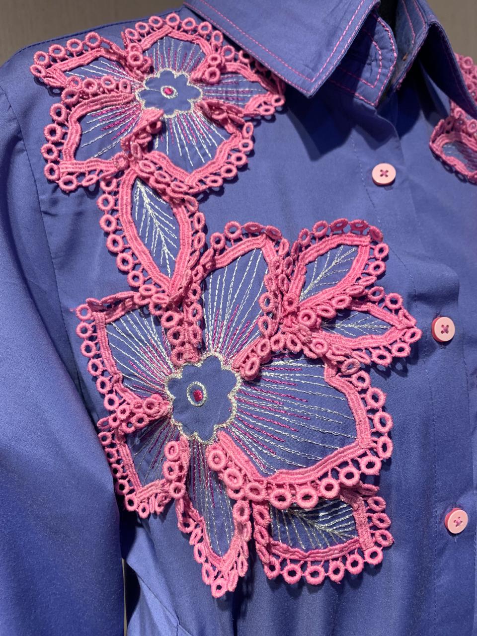Blue Co-ord Set with Pink Floral Appliqué