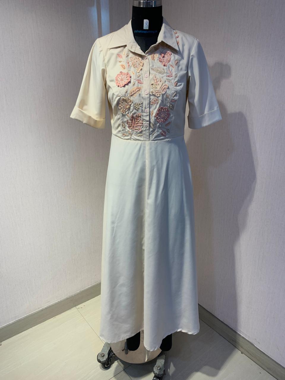 Light Beige Shirt Dress with Delicate Floral Embroidery