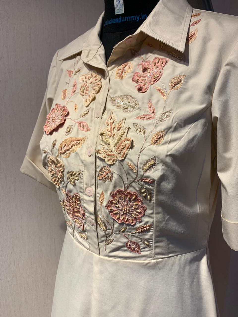 Light Beige Shirt Dress with Delicate Floral Embroidery