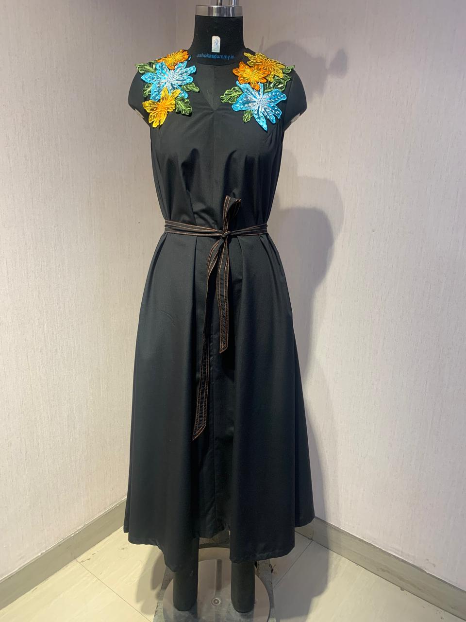 Black Sleeveless Midi  Dress with 3D Floral  Shoulder Embroidery
