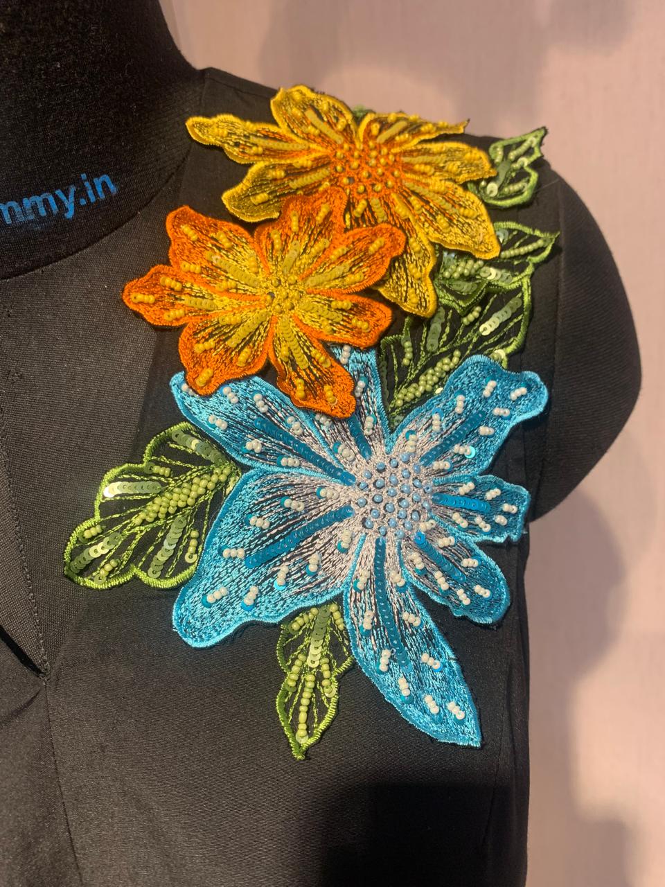 Black Sleeveless Midi  Dress with 3D Floral  Shoulder Embroidery