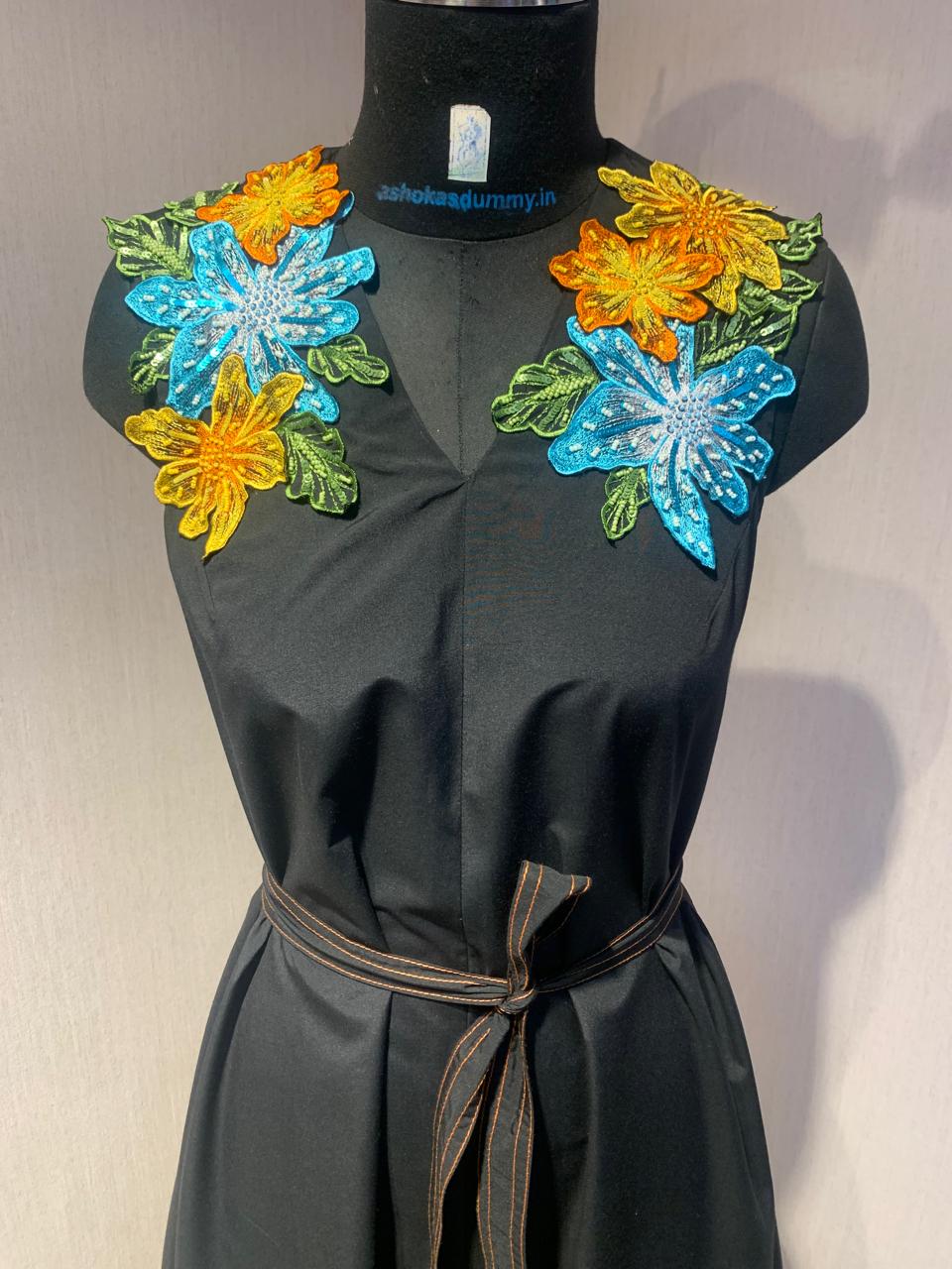 Black Sleeveless Midi  Dress with 3D Floral  Shoulder Embroidery