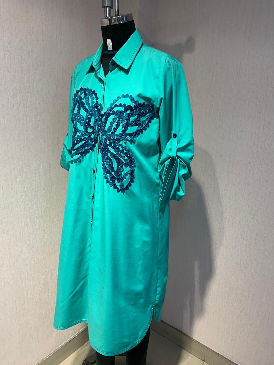 Tropical teal shirt dress with statement butterfly embroidery