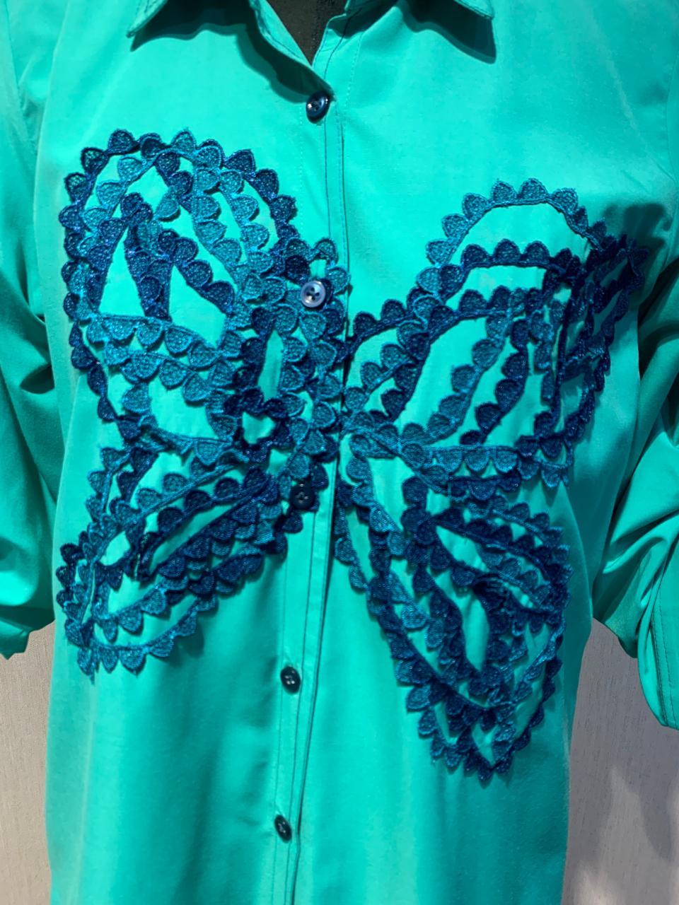 Tropical teal shirt dress with statement butterfly embroidery