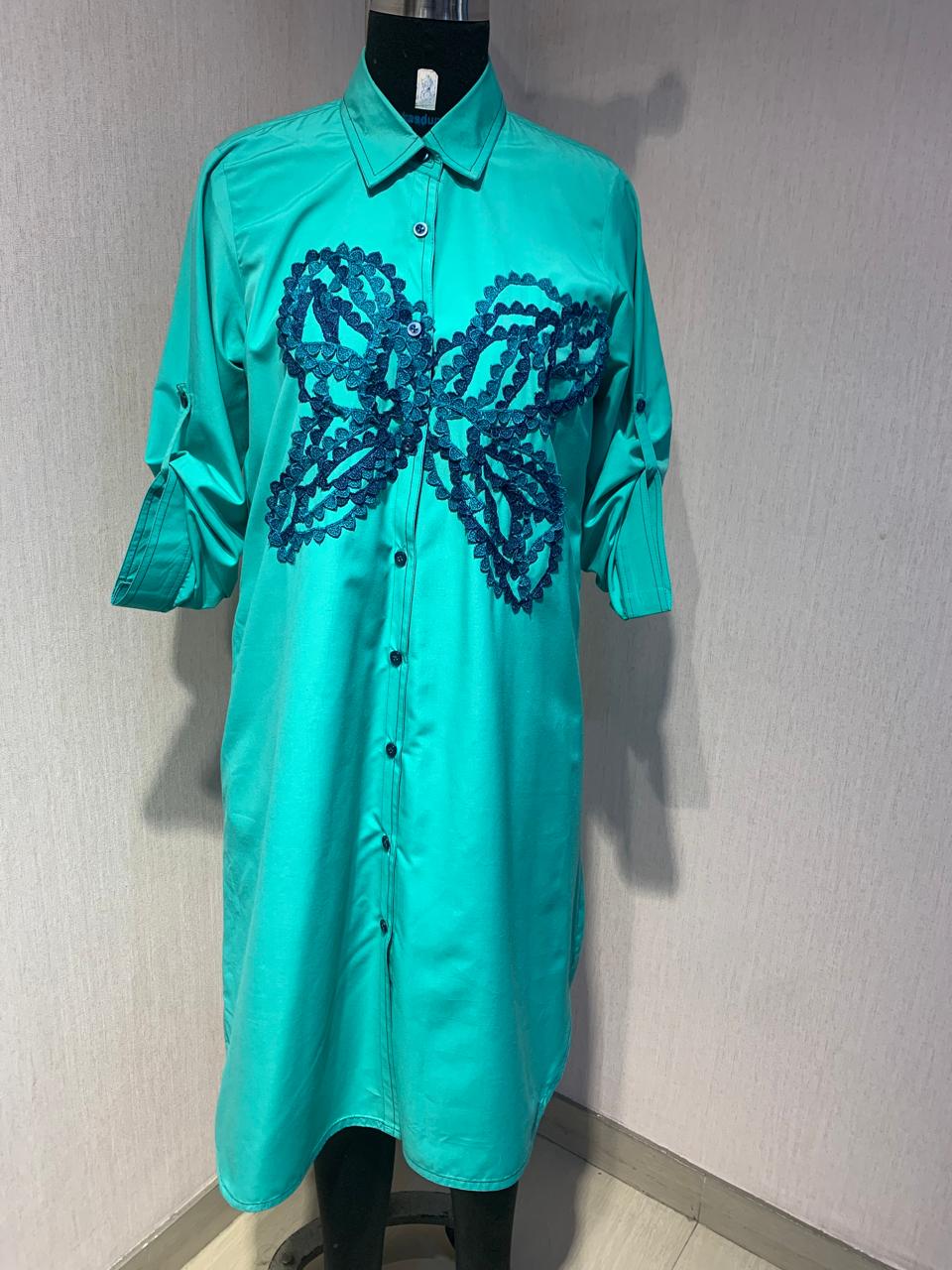 Tropical teal shirt dress with statement butterfly embroidery