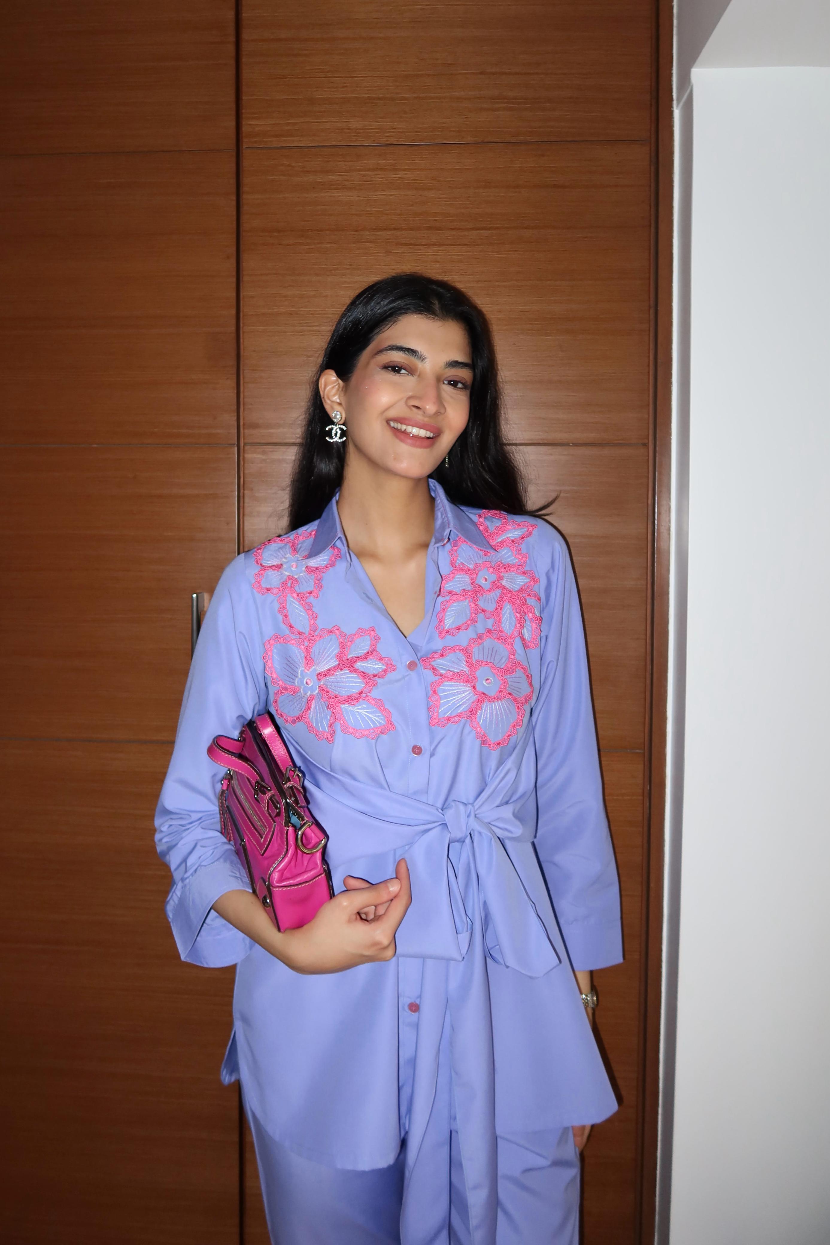 Blue Co-ord Set with Pink Floral Appliqué