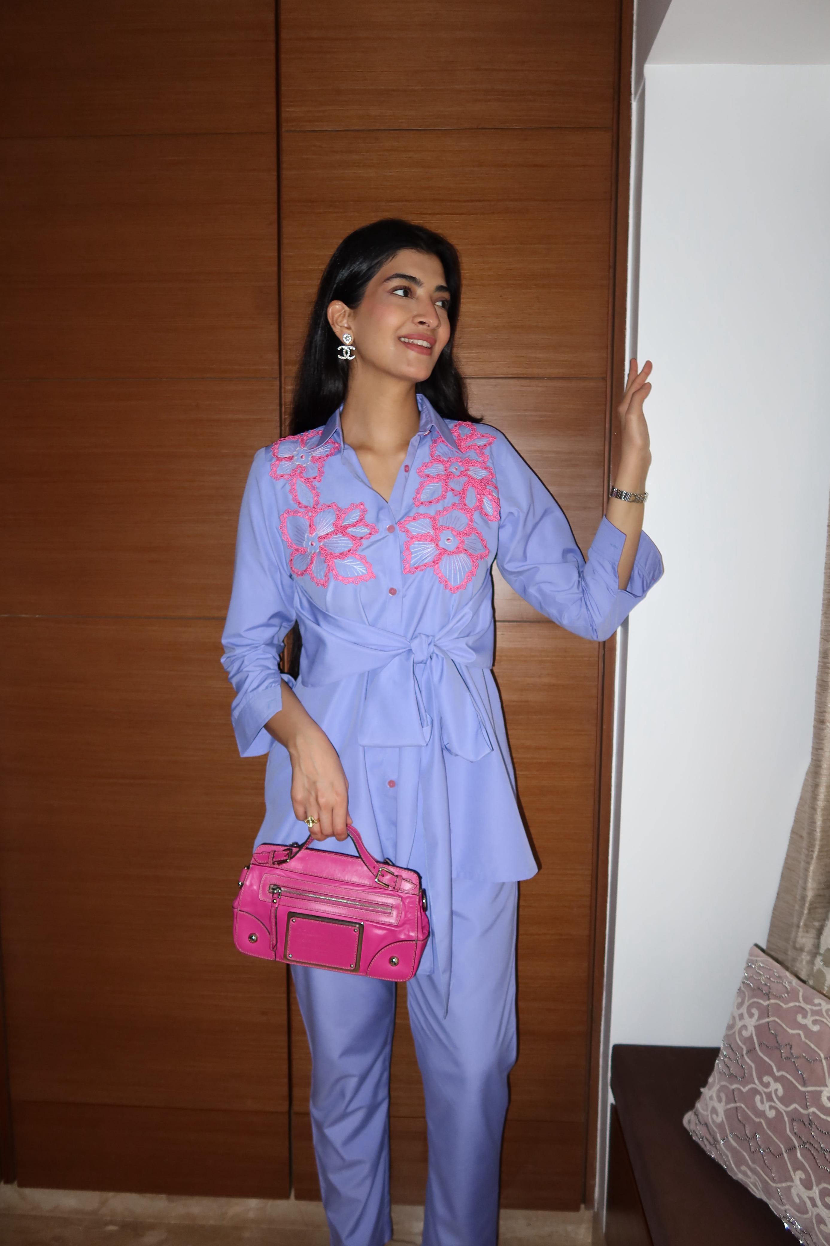 Blue Co-ord Set with Pink Floral Appliqué