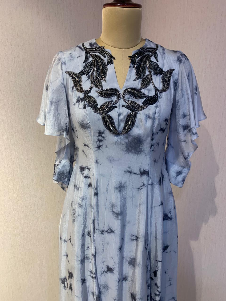 ELEGANT SKY BLUE MARBLE DRESS WITH WIRE EMBROIDERED NECKLINE.