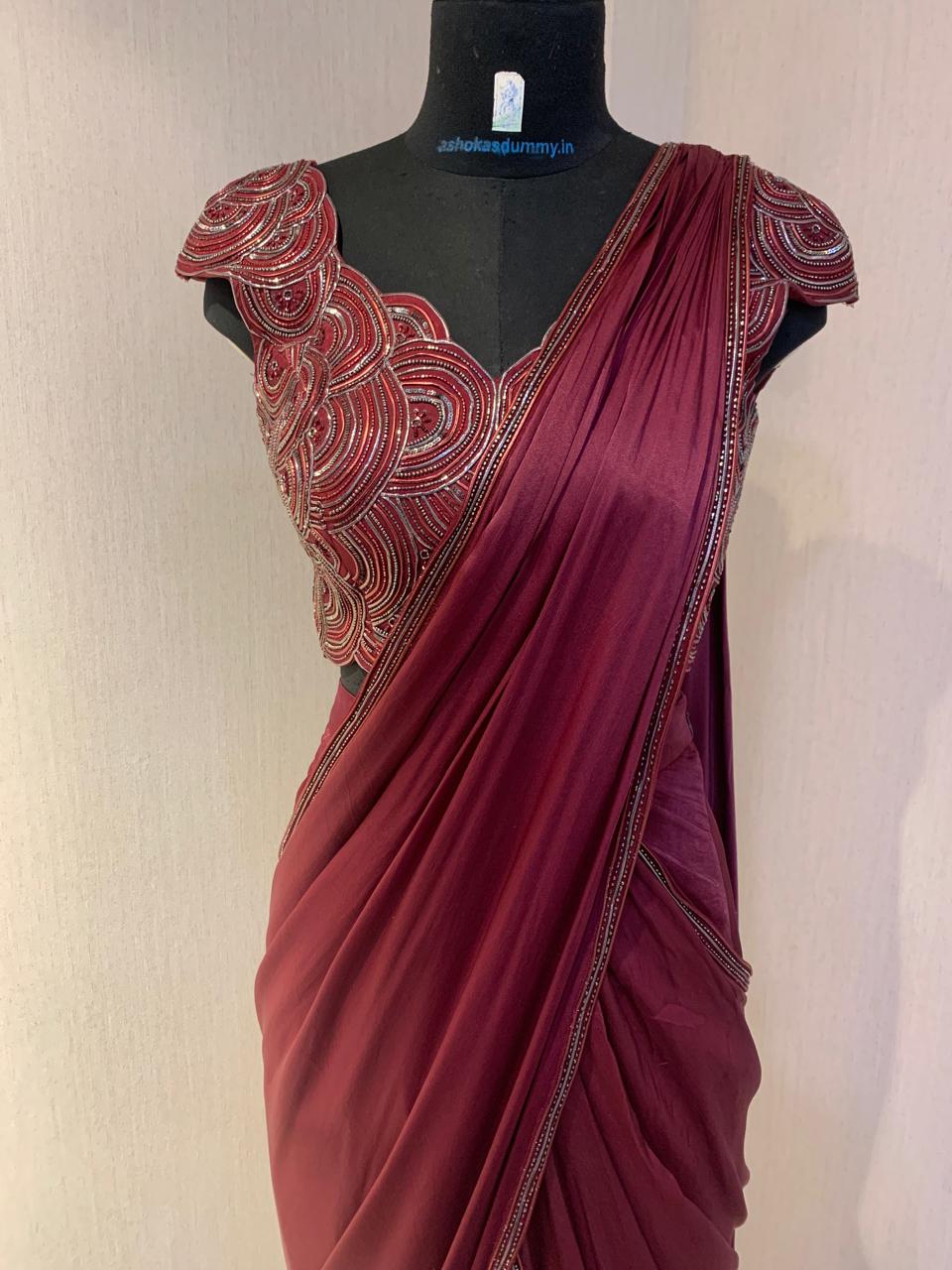 MAROON WIRE WORK BLOUSE WITH DRAPE SAREE.