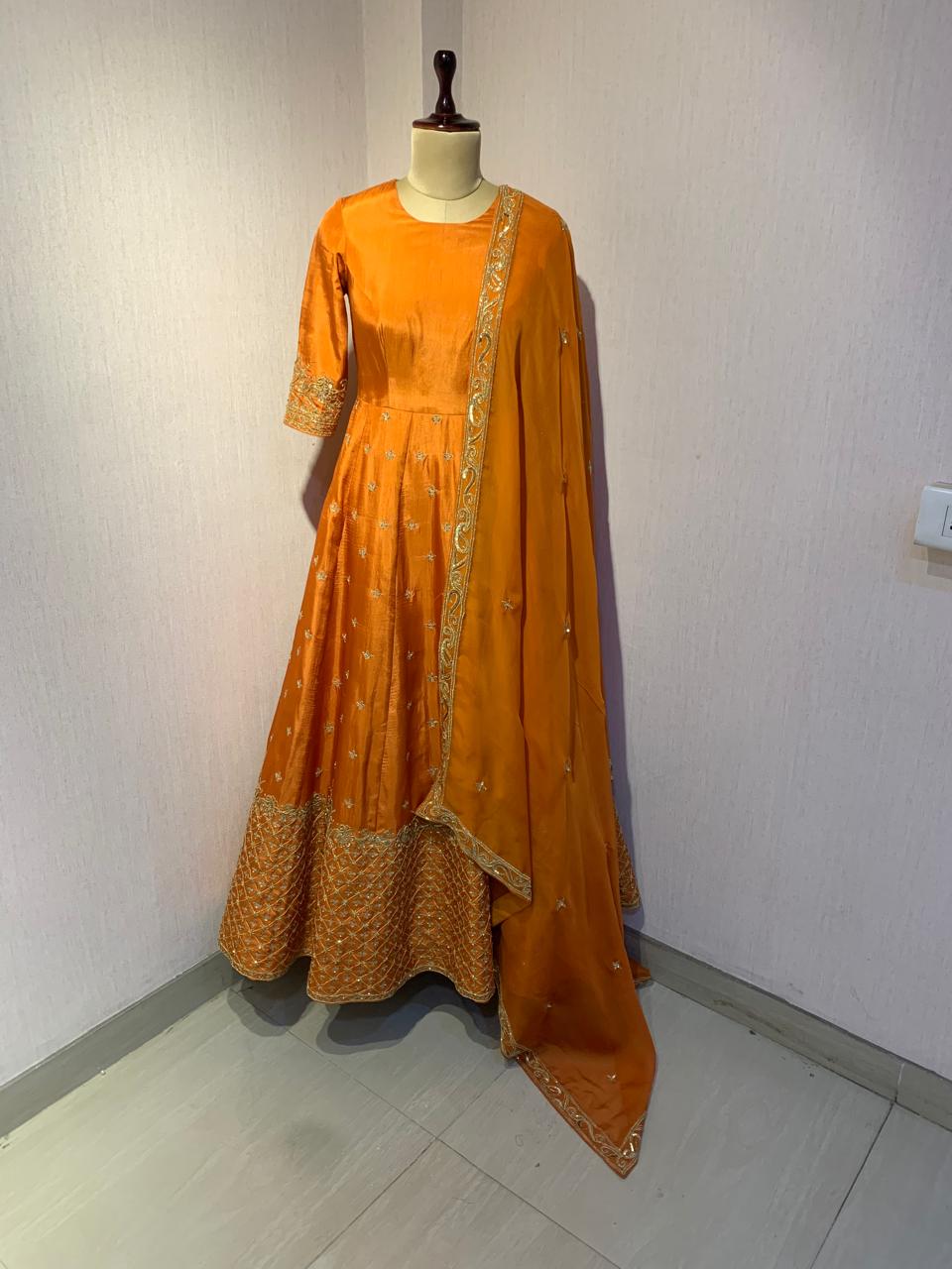 ORANGE EMBROIDERED ANARKALI JACKET SET WITH DUPATTA.