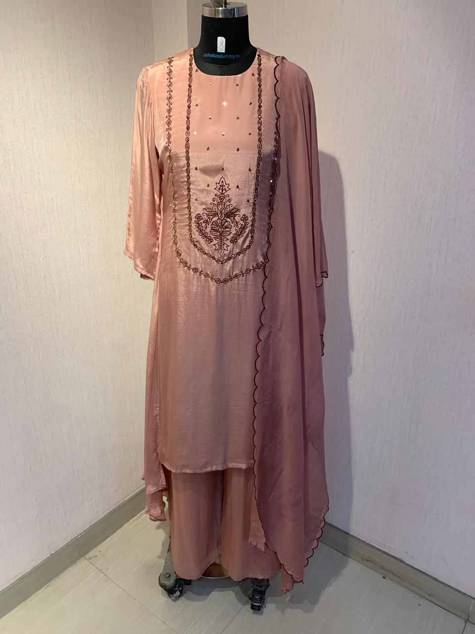 OLD ROSE PINK ASYMMETRIC KURTA SET WITH EMBROIDERED YOKE