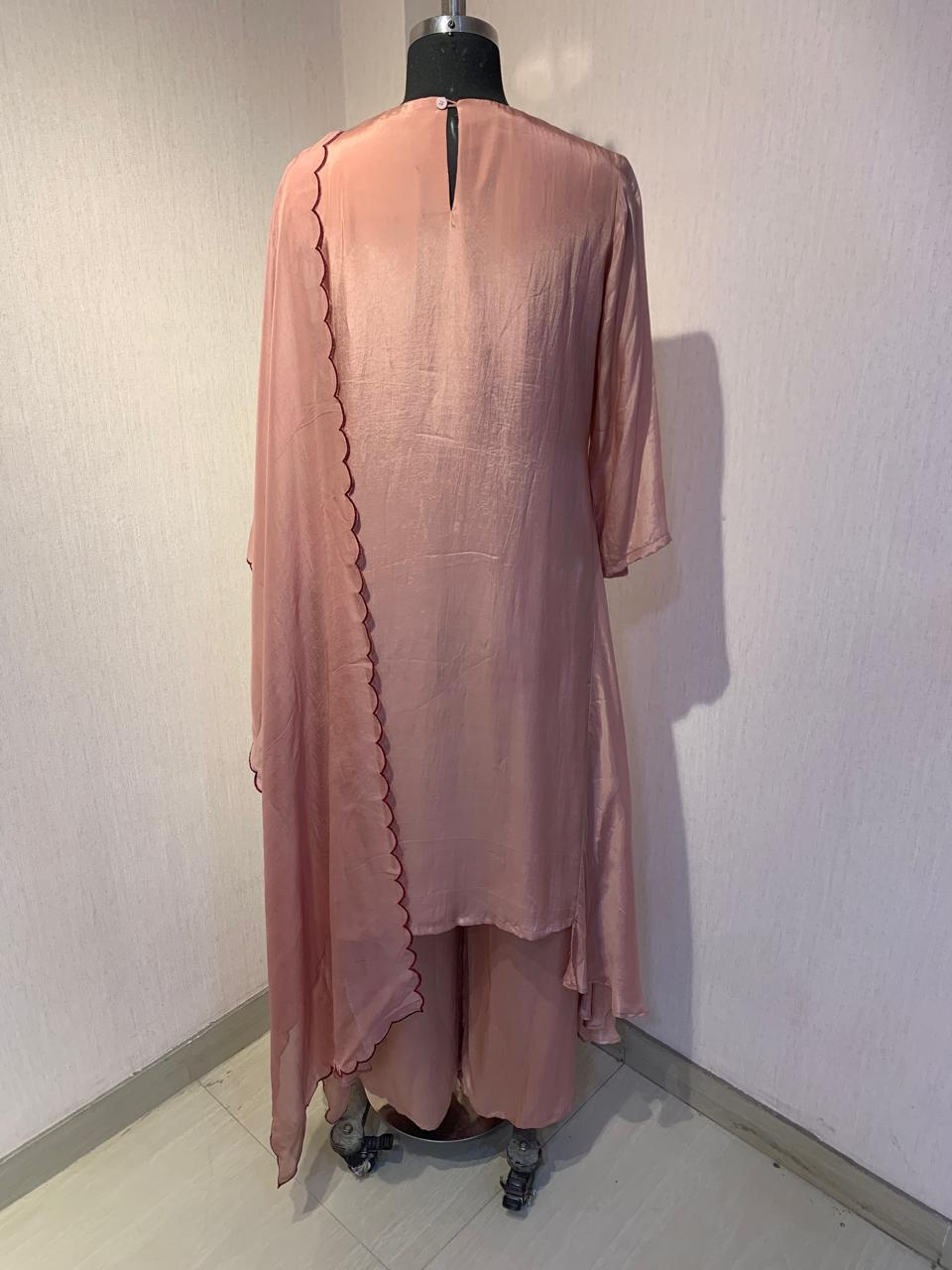 OLD ROSE PINK ASYMMETRIC KURTA SET WITH EMBROIDERED YOKE
