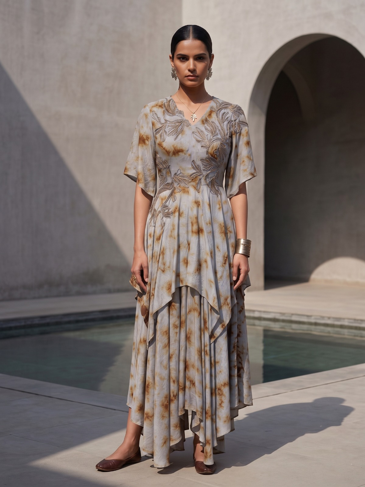 GREY MARBLE DRESS WITH WIRE EMBROIDERED DRESS.