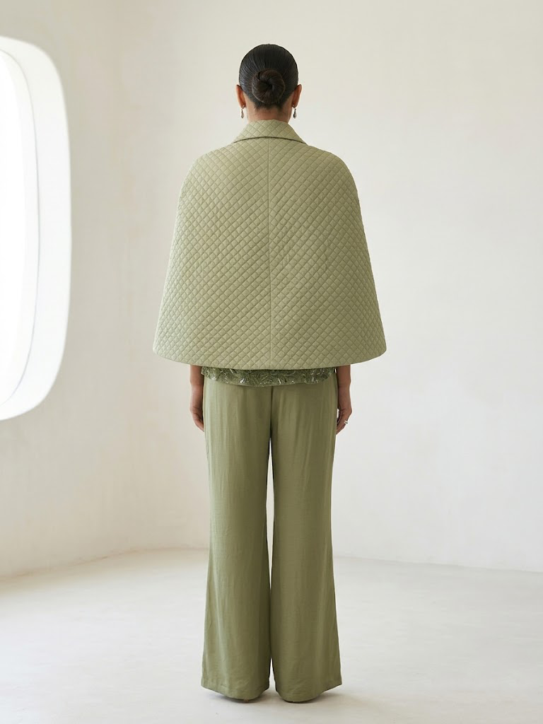 SAGE GREEN QUILTED EMBROIDERED JACKET WITH INNER & PANTS.