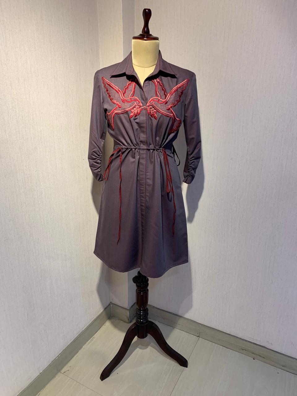 GREY PURPLE SHORT  DRESS WITH BIRDS.