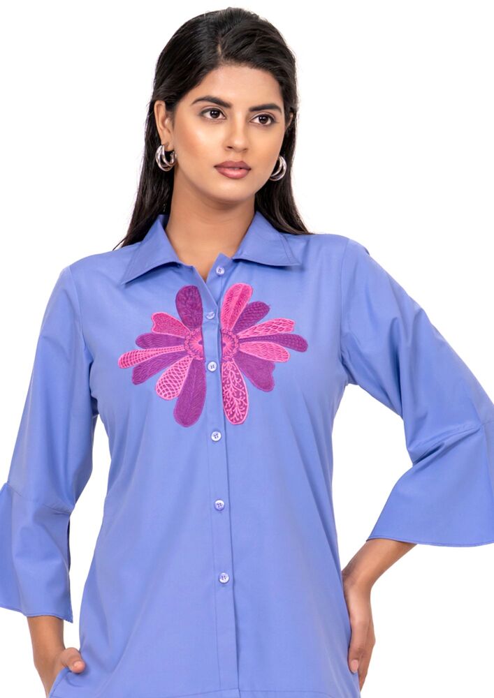 EMBROIDERED SKY BLUE SHIRT AND SHORTS CO-ORD SET WITH FRONT FLORAL EMBROIDERY AND FLARED SLEEVES.