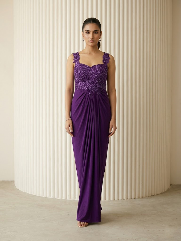 ELEGANT PURPLE EMBROIDERED DRAPED GOWN.