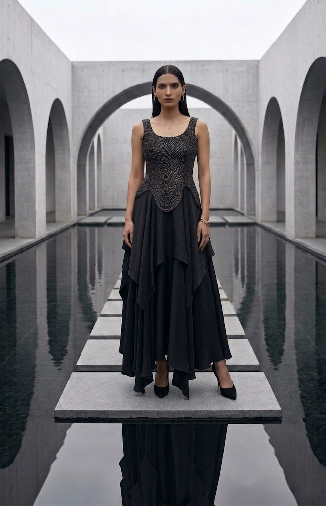ELEGANT BLACK WAVE - EMBROIDERED TOP AND SKIRT SET.