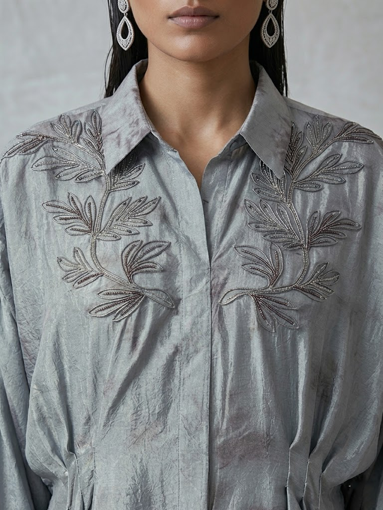 DUSTY GREY EMBROIDERED SHIRT FLARED PANTS SET.