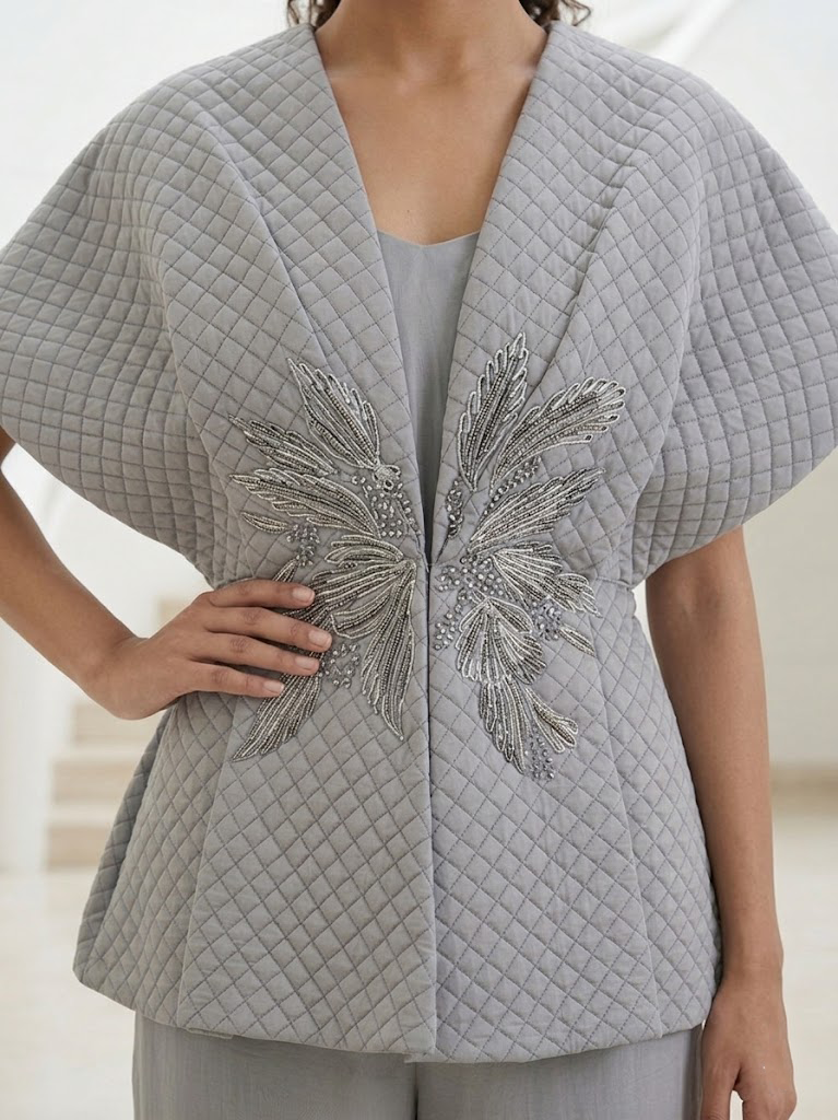 GREY QUILTED EMBROIDERED JACKET WITH INNER & PANTS SET.