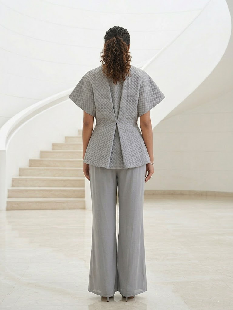 GREY QUILTED EMBROIDERED JACKET WITH INNER & PANTS SET.