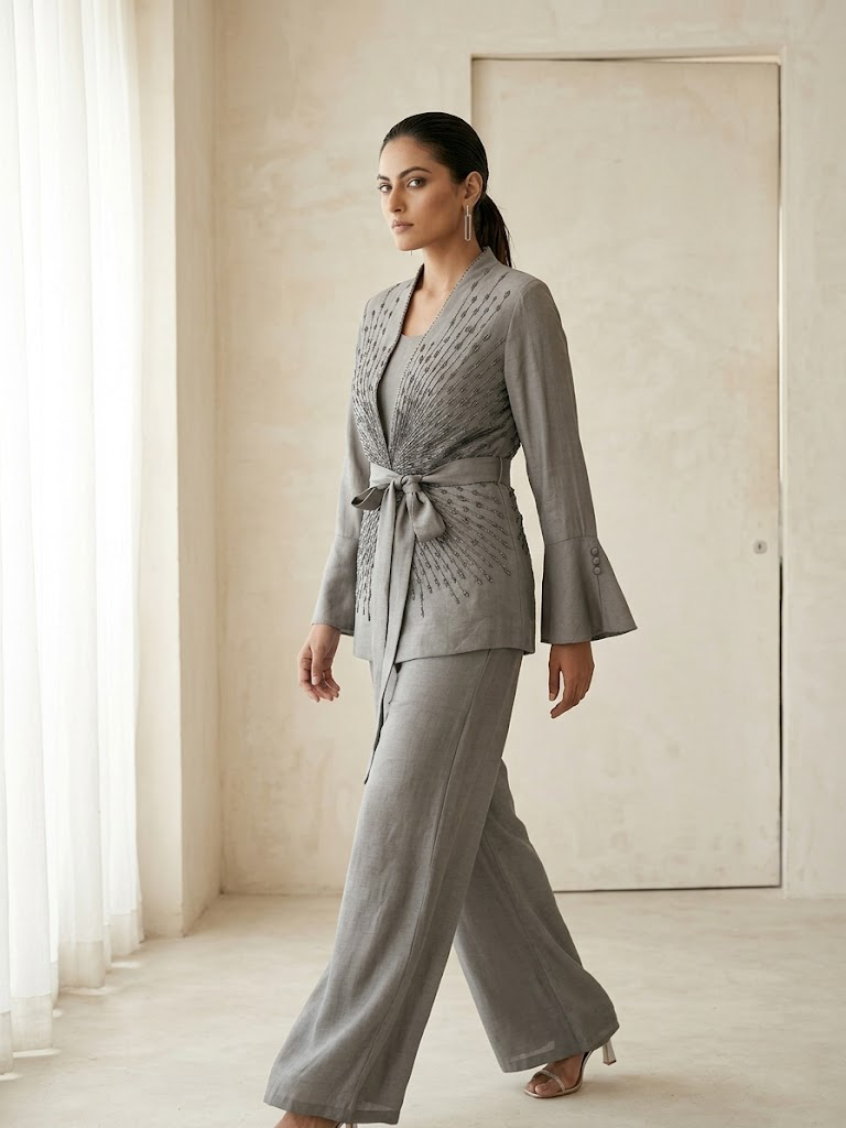ELEGANT JACKET TOP WITH BELT & MATCHING PANTS.